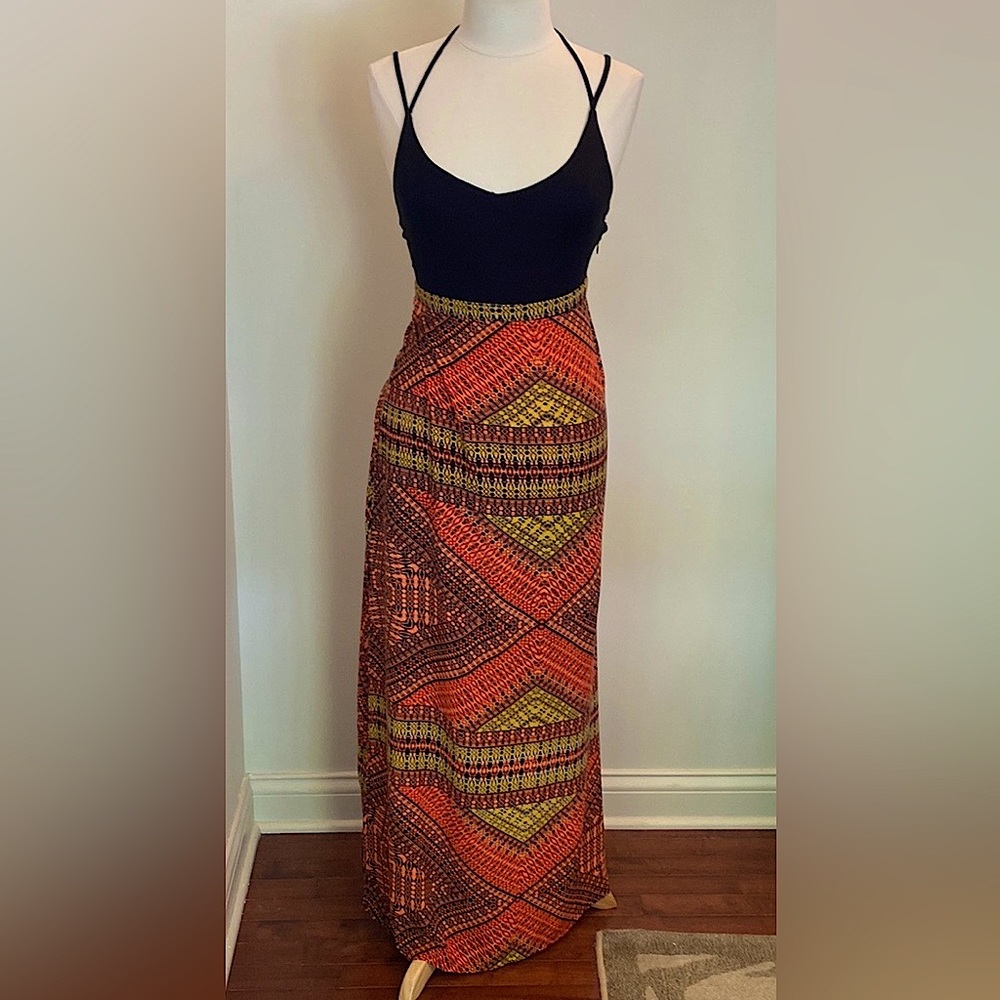 Hurley Black Atztec Print Spaghetti Straps V-Neck Stretch Long Sundress Size S